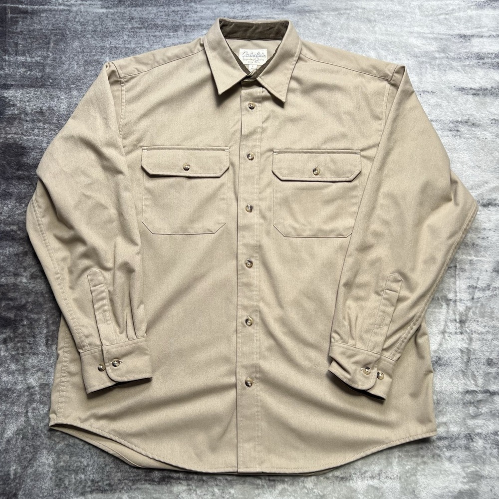 Cabela's‎ Safari Shirt Mens L Beige Solid Long Sleeve Button Up Pockets Outdoor
